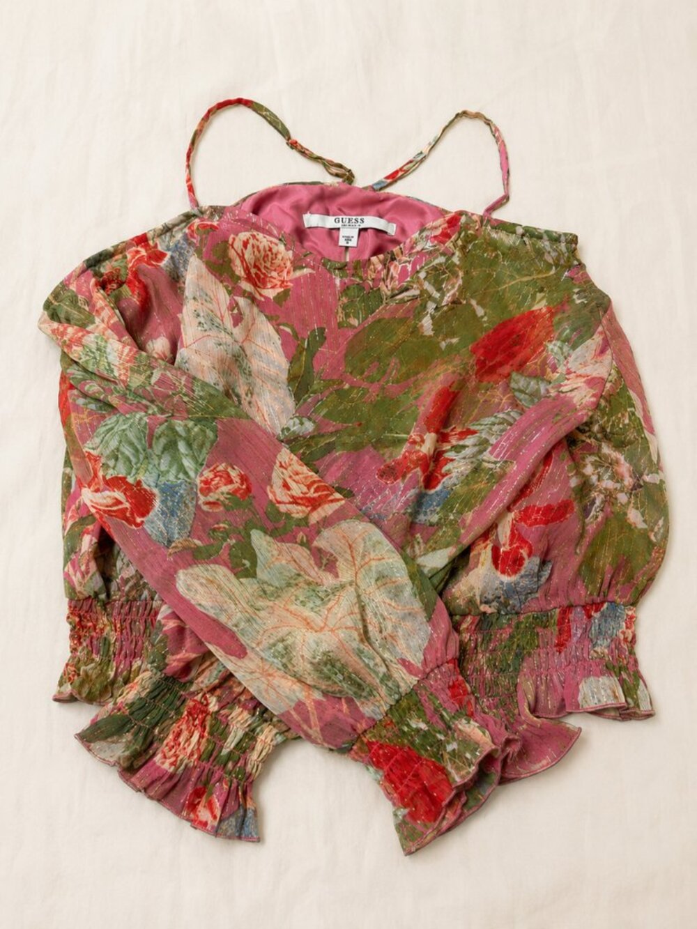 Guess Women's pink Smocked Cold Shoulder Floral Ruffle Aston Top Size XS